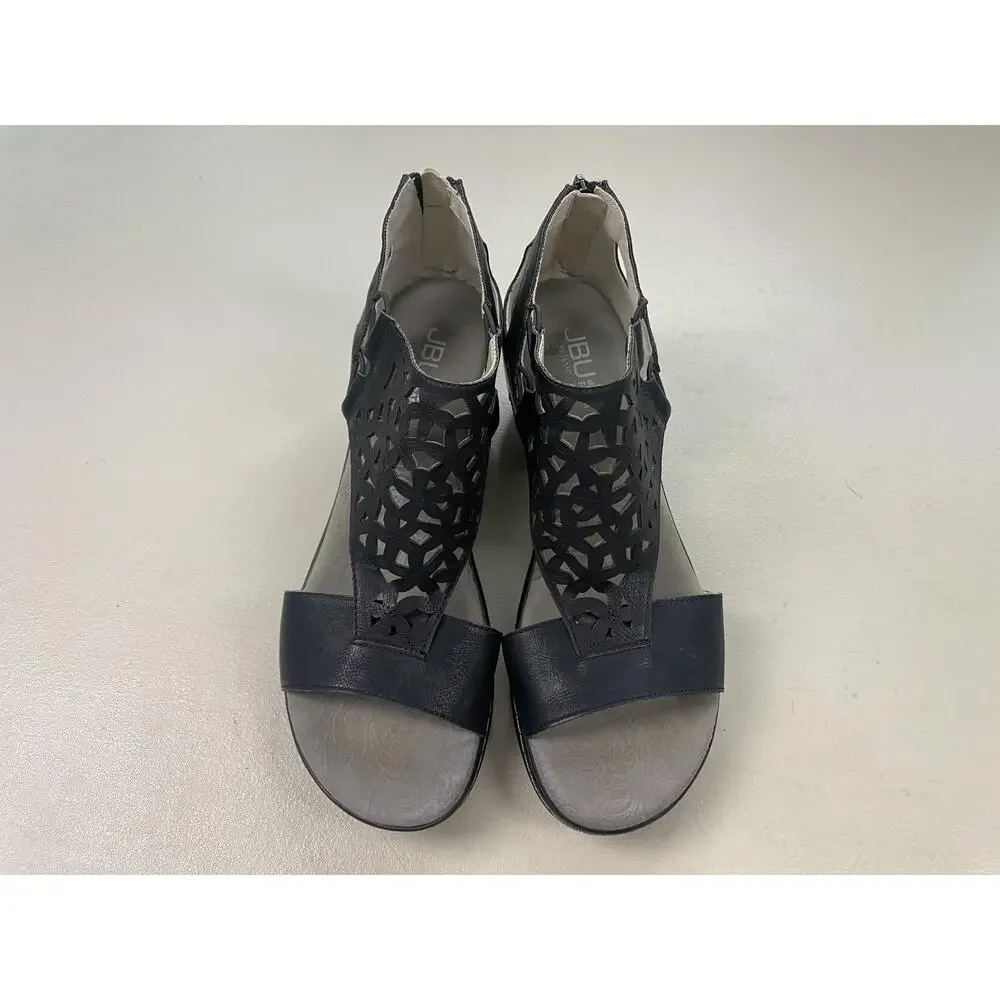 JBU Wedge Sandals Womens 11 Black Vegan Isla Zip Memory Foam Cutout Strappy